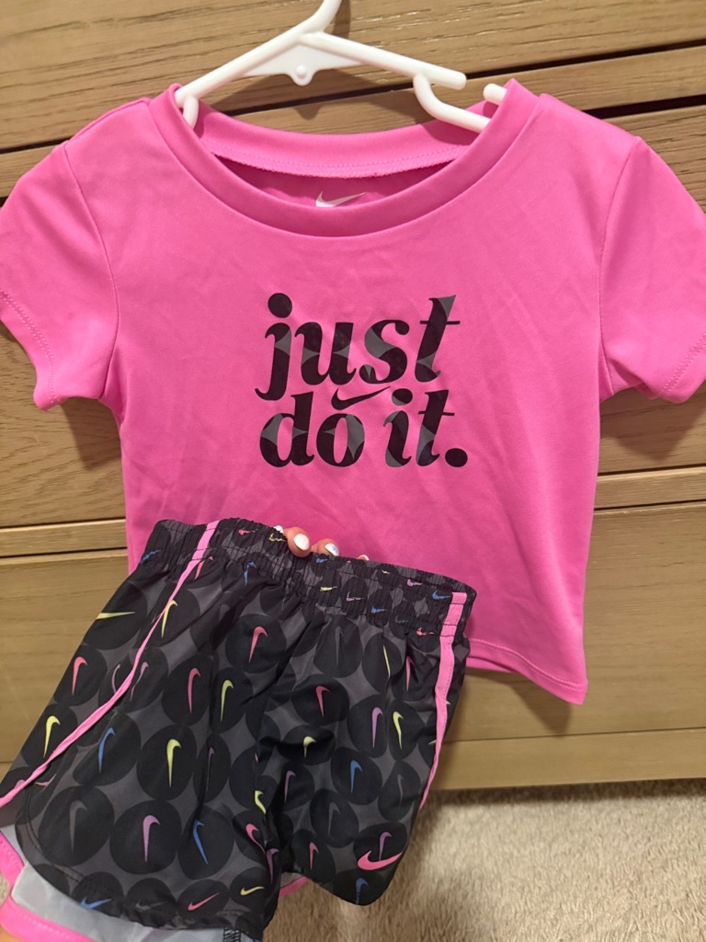 Nike Kids' Pink 'Just Do It' Short Sleeve Top and Black Athletic Shorts Set